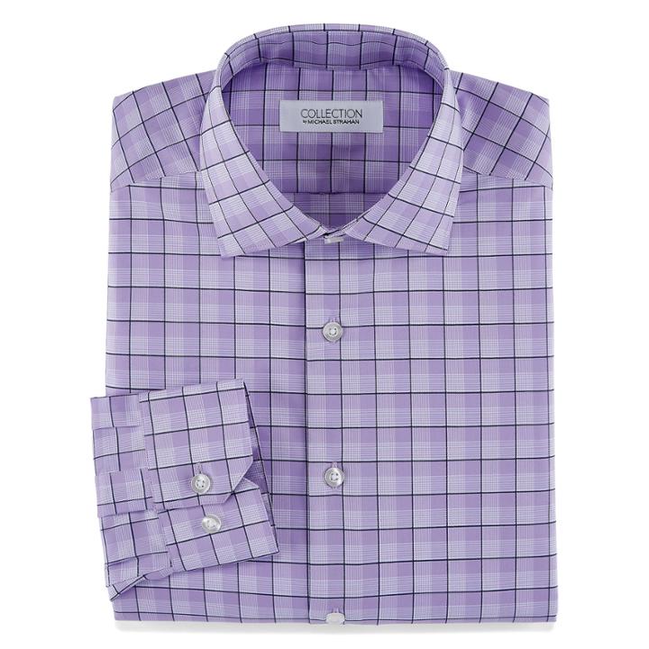 Collection By Michael Strahan Stretch Fabric Long Sleeve Dress Shirt Woven Grid
