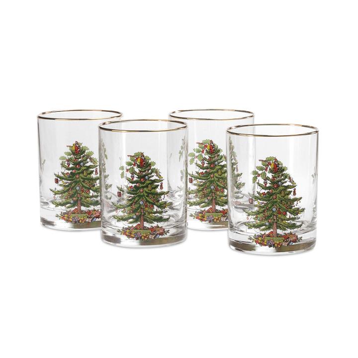 Spode Christmas Tree Set Of 4 Gold-rim Double Old-fashioned Glasses