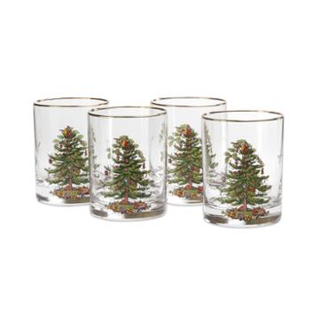 Spode Christmas Tree Set Of 4 Gold-rim Double Old-fashioned Glasses