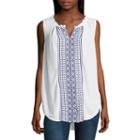 Liz Claiborne Sleeveless Split Crew Neck Embroidered Blouse