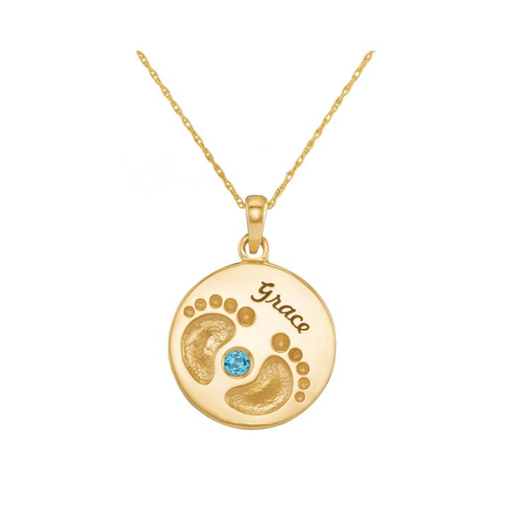 Personalized 14k Yellow Gold Name And Birthstone Footprints Pendant Necklace