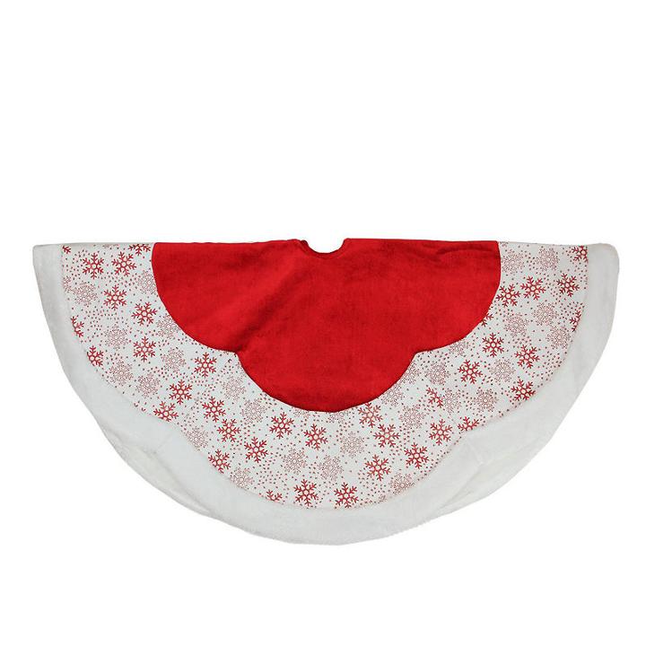 48 Country Cabin Red And White Glitter Snowflake Scallop Christmas Tree Skirt With Faux Fur Border