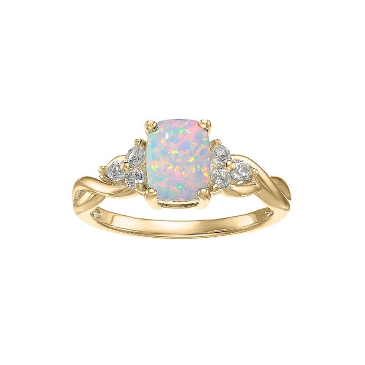 Lab-created Opal And Genuine White Topaz 10k Yellow Gold Cushion-cut Twist Ring