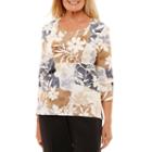 Alfred Dunner 3/4 Sleeve Sweetheart Neck Patchwork T-shirt-womens