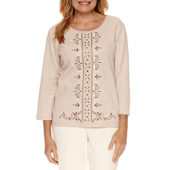 Alfred Dunner Twilight Point 3/4 Sleeve Embroidery Top