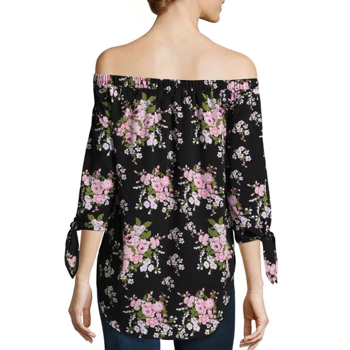 Miss Chievous 3/4 Sleeve Straight Neck Woven Floral Blouse-juniors