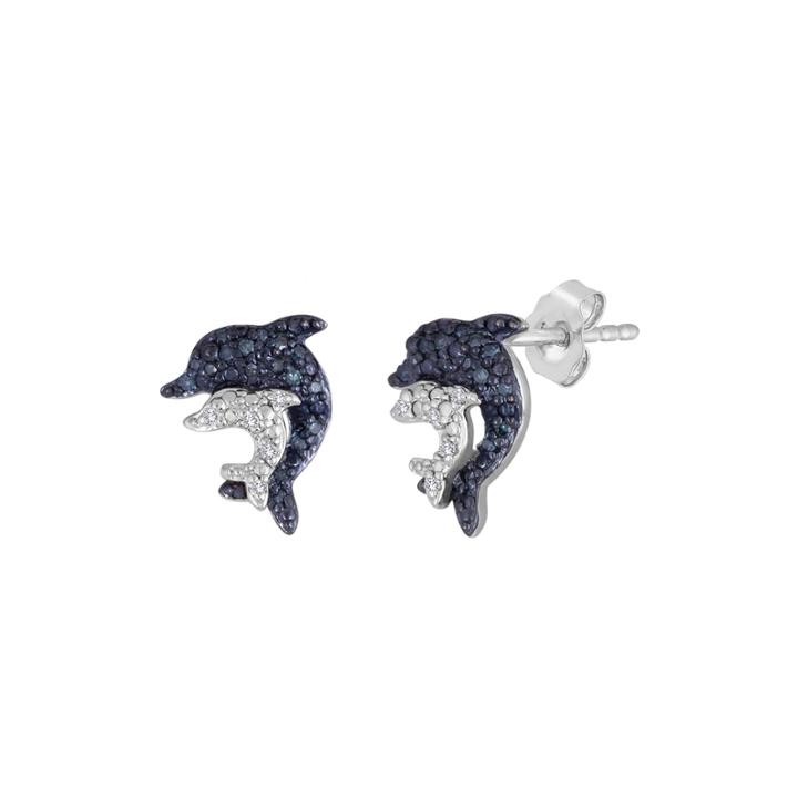 1/10 Ct. T.w. White And Color-enhanced Blue Diamond Sterling Silver Dolphin Earrings