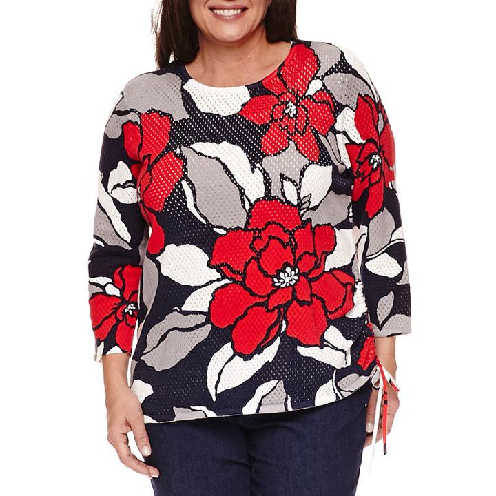 Alfred Dunner 3/4 Sleeve Crew Neck Floral Pullover Sweater-plus