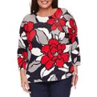 Alfred Dunner 3/4 Sleeve Crew Neck Floral Pullover Sweater-plus