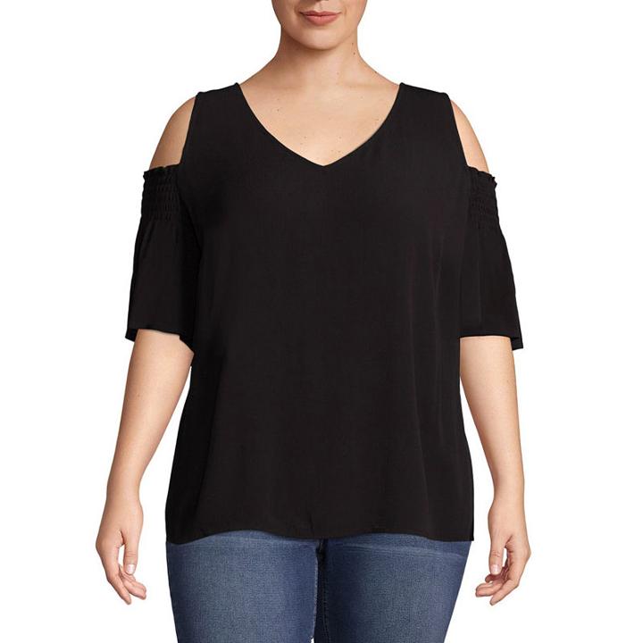 A.n.a Smocked Cold Shoulder Scoop Neck Woven Blouse - Plus