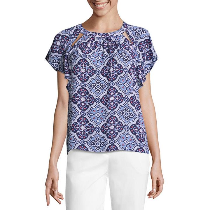Liz Claiborne Flutter Sleeve Round Neck Woven Blouse