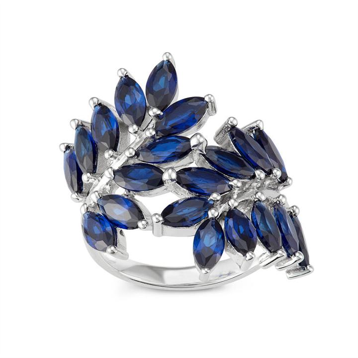 Womens Sapphire Blue Sterling Silver Flower Cocktail Ring