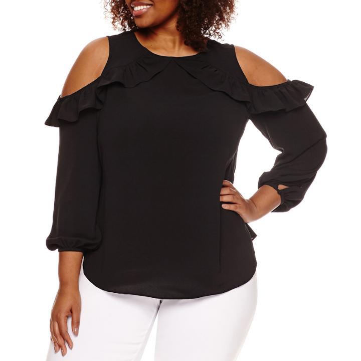 Worthington Long Sleeve Crew Neck Woven Blouse-plus