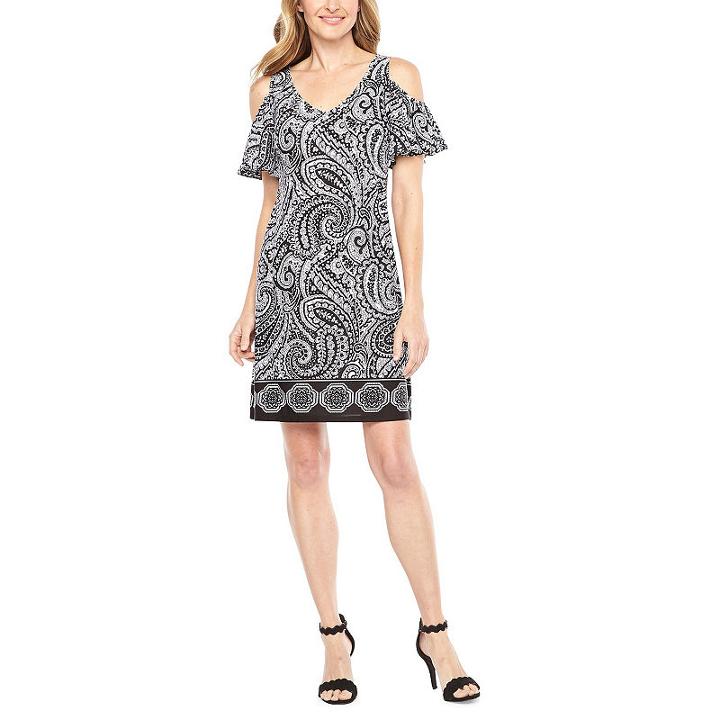 Msk Short Sleeve Cold Shoudler Paisley A-line Dress