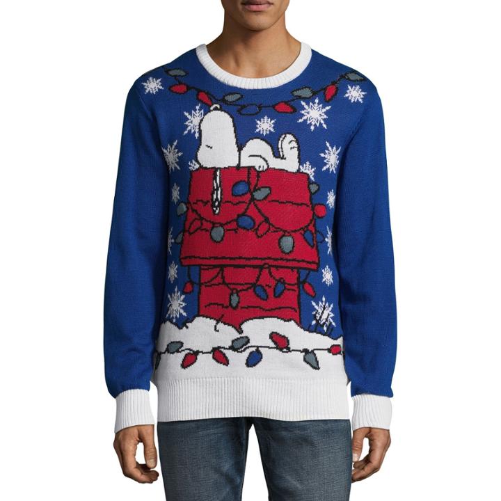 Novelty Season Crew Neck Long Sleeve Peanuts Cotton Blend Pullover Sweater