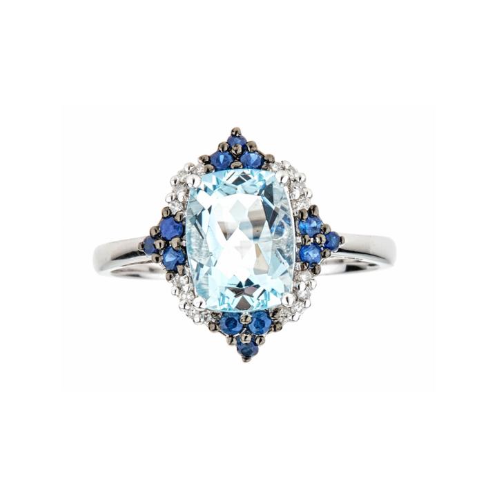 Limited Quantities Genuine Cushion-cut Aquamarine And Blue Sapphire 14k White Gold Ring