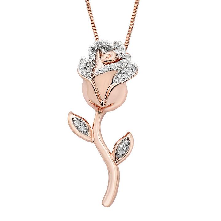 Enchanted Disney Fine Jewelry Womens 1/10 Ct. T.w. Genuine White Diamond Sterling Silver Flower Beauty And The Beast Pendant Necklace