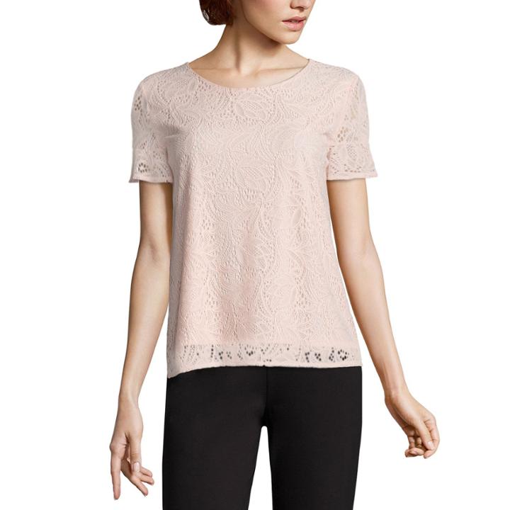 Liz Claiborne Short Ruffle Sleeve Crew Neck Lace T-shirt