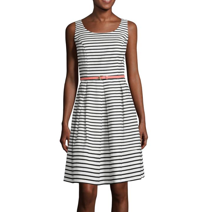 Tiana B. Sleeveless Stripe Belted Fit-and-flare Dress
