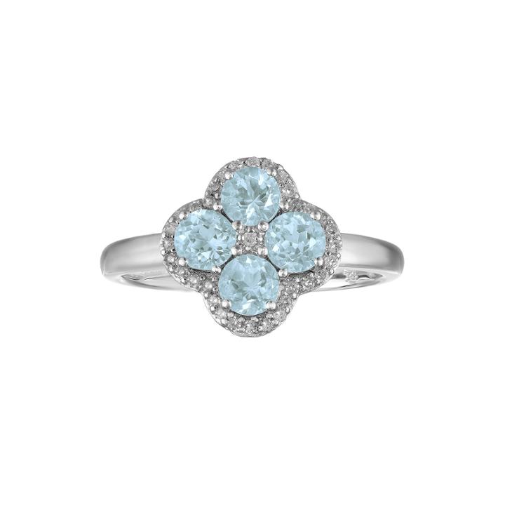 Simulated Aquamarine And White Topaz Flower Sterling Silver Ring