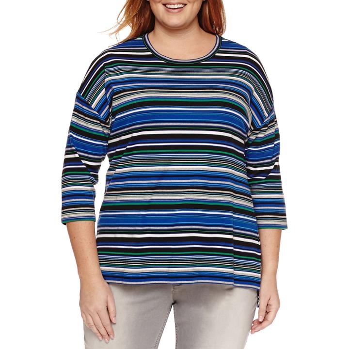 Liz Claiborne 3/4 Sleeve Scoop Block Tee Neck T-shirt-plus