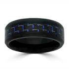 Mens 8mm Black Stainless Steel With Blue Carbon Fiber Wedding Band