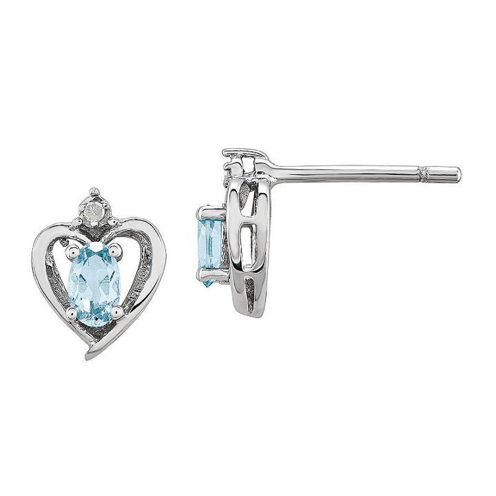 Diamond Accent Blue Aquamarine Sterling Silver 10mm Heart Stud Earrings