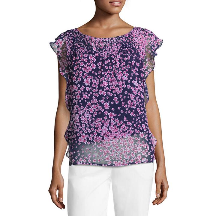 Liz Claiborne Ruffle Sleeve Smocked Woven Blouse