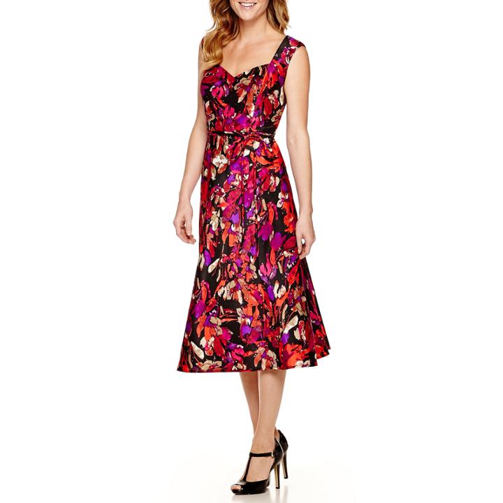 Black Label By Evan-picone Sleeveless Floral Belted A-line Dress