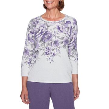 Alfred Dunner Smart Investments 3/4 Sleeve Crew Neck Floral Pullover Sweater