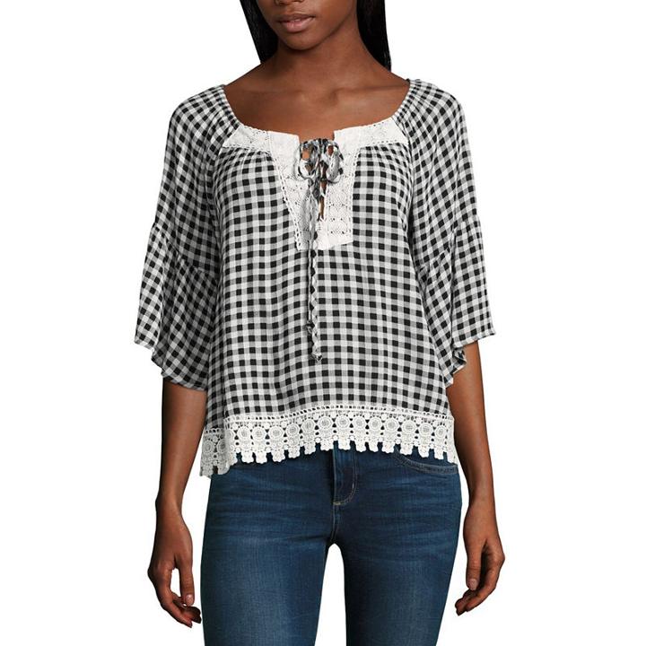 Almost Famous Elbow Sleeve Scoop Neck Gauze Blouse-juniors