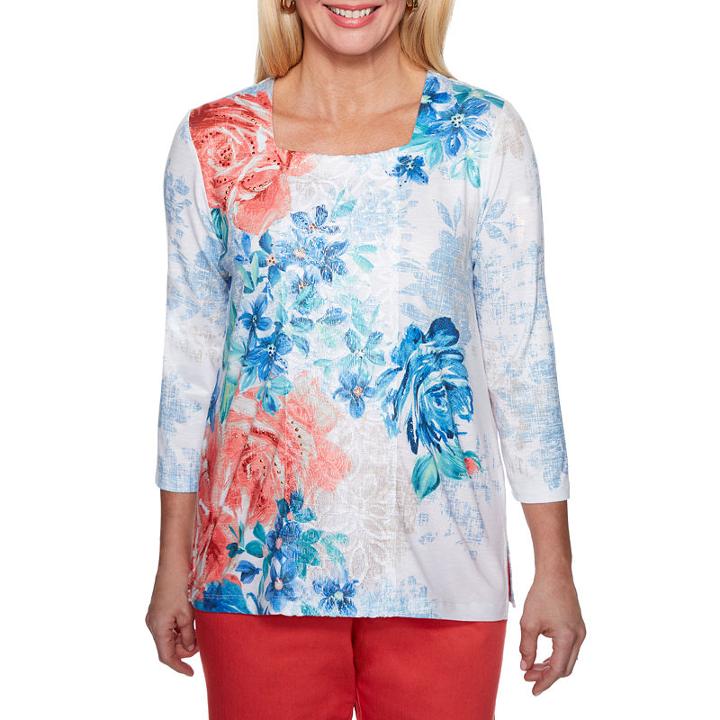 Alfred Dunner Sun City 3/4 Sleeve Square Neck Floral T-shirt-womens