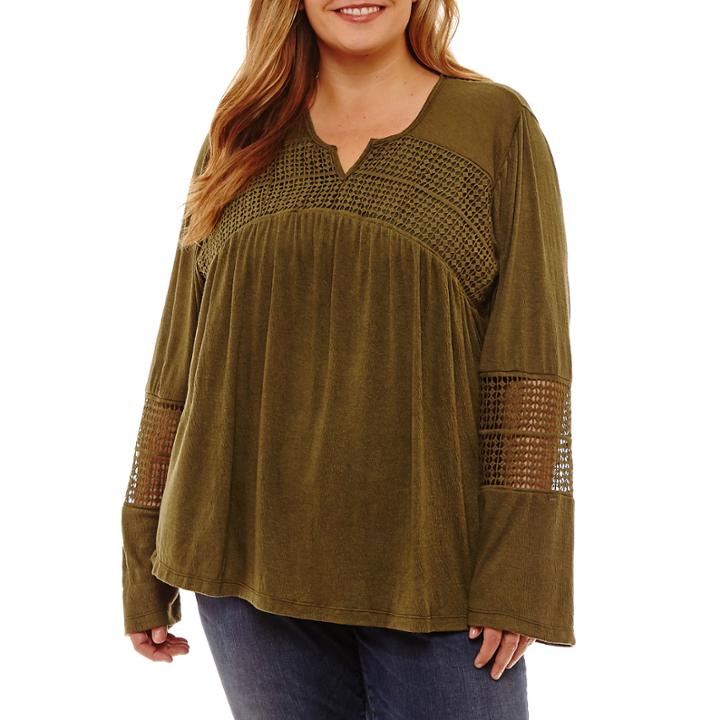 Long Sleeve Crochet Inset Blouse-plus
