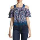 Self Esteem Short Sleeve Cold Shoulder Sleeve Floral Peasant Top Juniors