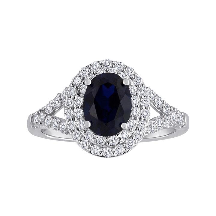 Blue & White Lab-created Sapphire Double Halo Sterling Silver Ring