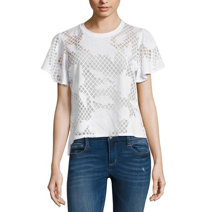 Belle + Sky Burnout Mesh Ruffle Sleeve Top