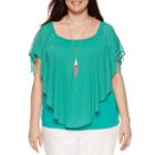 Alyx Short Sleeve Tie Shoulder Textured Knit Overlay Blouse With Necklace-plus