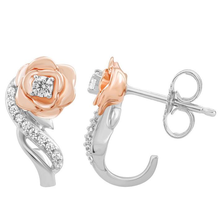 Enchanted Disney Fine Jewelry 1/7 Ct. T.w. Genuine White Diamond 14k Rose Gold Over Silver 14.3mm Flower Beauty And The Beast Hoop Earrings