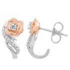 Enchanted Disney Fine Jewelry 1/7 Ct. T.w. Genuine White Diamond 14k Rose Gold Over Silver 14.3mm Flower Beauty And The Beast Hoop Earrings