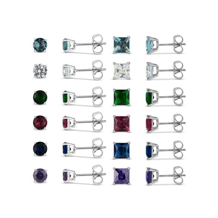 Sterling Silver 5mm Simulated Gemstone 12 Earring Pair Set