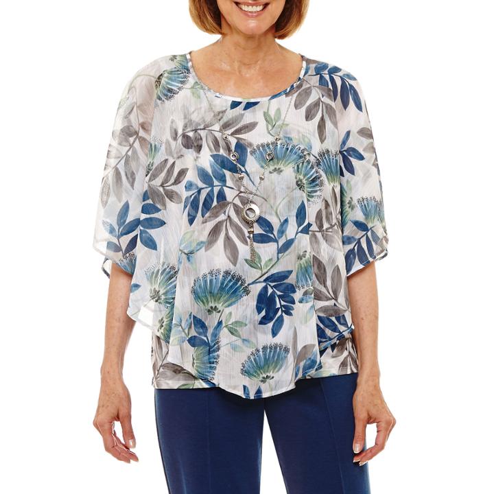 Alfred Dunner Arizona Sky Short Sleeve Crew Neck Woven Blouse-petites
