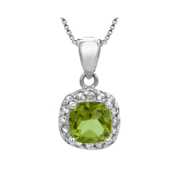 Cushion-cut Genuine Peridot And White Topaz Sterling Silver Pendant Necklace