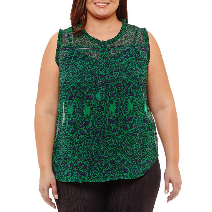Liz Claiborne Sleeveless Split Crew Neck Woven Ruffled Blouse-plus