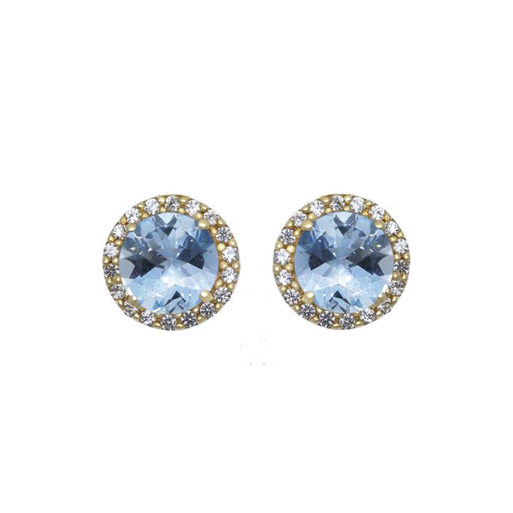 Genuine Aquamarine And White Sapphire 10k Yellow Gold Halo Earrings