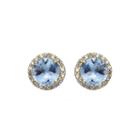 Genuine Aquamarine And White Sapphire 10k Yellow Gold Halo Earrings