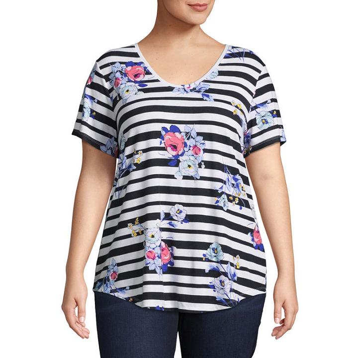 Boutique + Short Sleeve V Neck Floral T-shirt-womens Plus