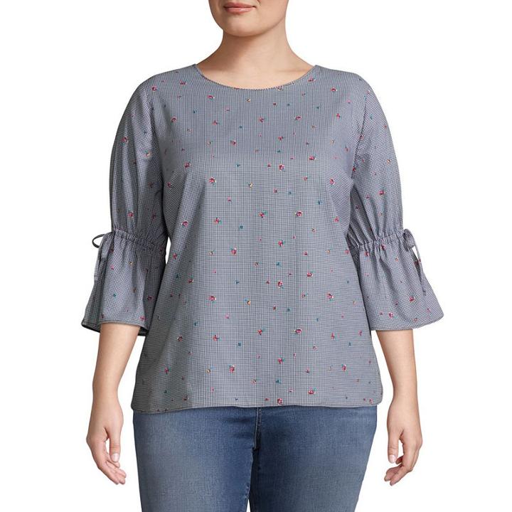 Boutique + Tie Sleeve 3/4 Sleeve Crew Neck Woven Blouse - Plus