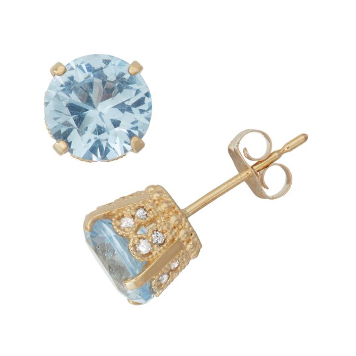 Lab Created Aquamarine And 1/6c. T.t.w. Diamond 10k Yellow Gold Earrings