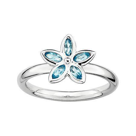 Personally Stackable Genuine Blue Topaz Sterling Silver Flower Ring