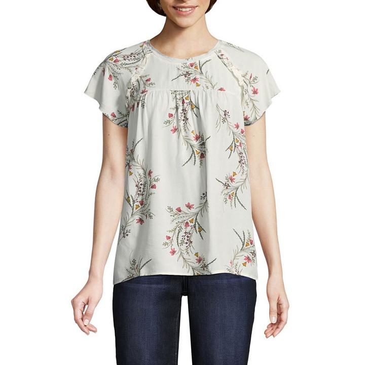 St. John's Bay Embroidered Short Flutter Sleeve Floral Peasant Top